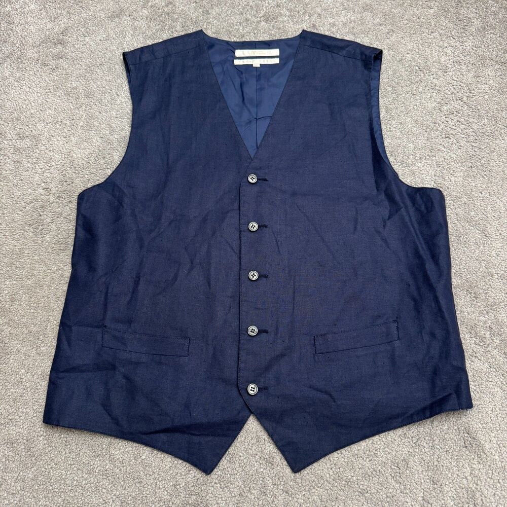 Perry Ellis 100% Linen Suit Vest Waistcoat Mens Medium Navy Blue Wedding Formal